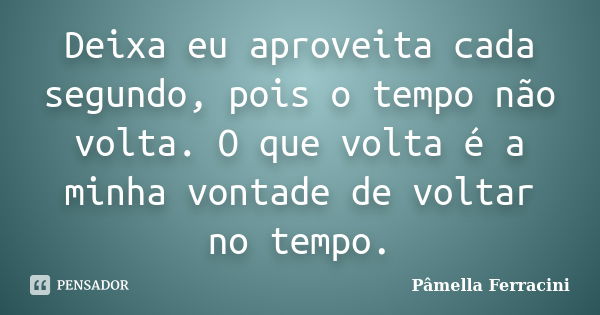 Deixa eu aproveita cada segundo, pois o tempo não volta. O que volta é a minha vontade de voltar no tempo.... Frase de Pâmella Ferracini.