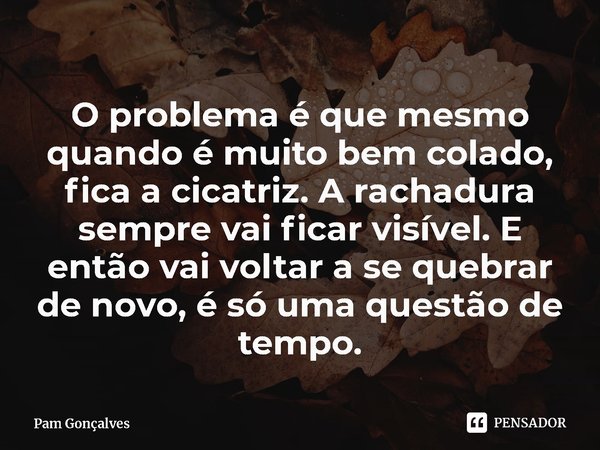 ⁠O problema é que mesmo quando é muito bem colado, fica a cicatriz. A rachadura sempre vai ficar visível. E então vai voltar a se quebrar de novo, é só uma ques... Frase de Pam Gonçalves.