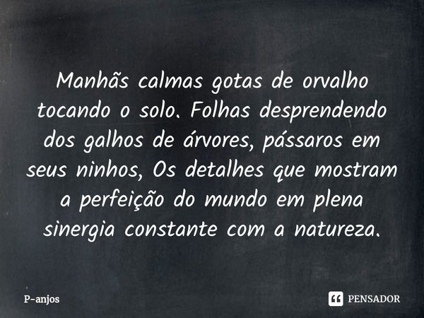 Manhãs calmas gotas de orvalho⁠ tocando o solo. Folhas desprendendo dos galhos de árvores, pássarosem seus ninhos, Os detalhes que mostram a perfeição do mundo ... Frase de P-anjos.
