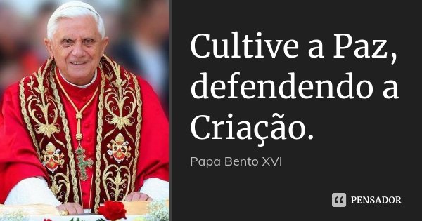 Cultive a Paz, defendendo a Criação.... Frase de Papa Bento XVI.