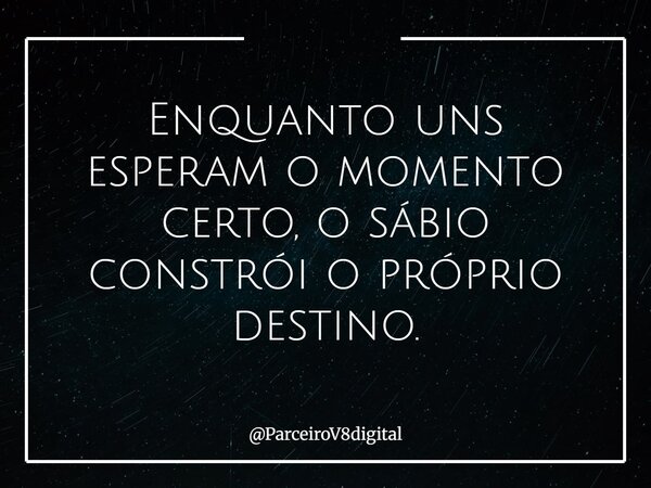 Enquanto uns esperam o momento certo, o sábio constrói o próprio destino.... Frase de ParceiroV8digital.