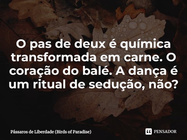 ⁠O pas de deux é química transformada em carne. O coração do balé. A dança é um ritual de sedução, não?... Frase de Pássaros de Liberdade (Birds of Paradise).
