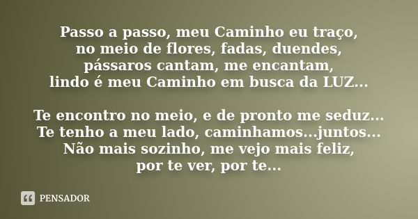 Passo a passo, meu Caminho eu traço, no meio de flores, fadas, duendes, pássaros cantam, me encantam, lindo é meu Caminho em busca da LUZ... Te encontro no meio