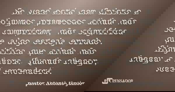 Se você está com Cristo e algumas promessas ainda não se cumpriram, não significa que algo esteja errado. Significa que ainda não chegou a hora. Quando chegar, ... Frase de pastor Antonio Junior.