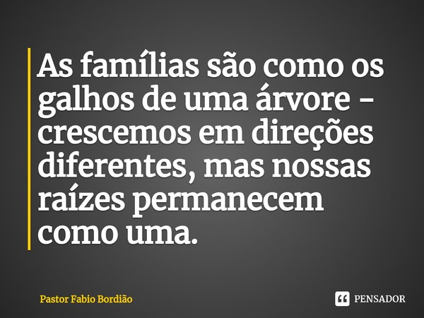 ⁠As famílias são como os galhos de uma árvore - crescemos em direções diferentes, mas nossas raízes permanecem como uma.... Frase de Pastor Fabio Bordião.