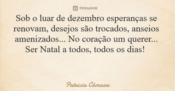 Sob o luar de dezembro esperanças se renovam, desejos são trocados, anseios amenizados... No coração um querer... Ser Natal a todos, todos os dias!... Frase de Patricia Câmara.