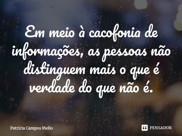 ⁠Em meio à cacofonia de informações, as pessoas não distinguem mais o que é verdade do que não é.... Frase de Patrícia Campos Mello.