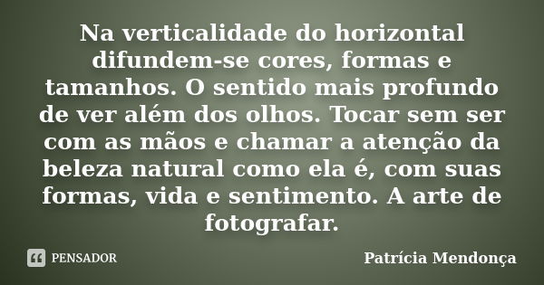 Na verticalidade do horizontal difundem-se cores, formas e tamanhos. O sentido mais profundo de ver além dos olhos. Tocar sem ser com as mãos e chamar a atenção... Frase de Patrícia Mendonça.