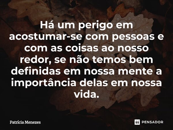 ⁠⁠Há um perigo em acostumar-se com pessoas e com as coisas ao nosso redor, se não temos bem definidas em nossa mente a importância delas em nossa vida.... Frase de Patrícia Menezes.