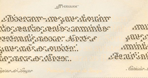 Disseram-me que haviam muitas pedras pelos caminhos que pretendia passar. Sorte a minha que não as avistei... Decidi olhar para as flores...... Frase de Patrícia Regina de Souza.