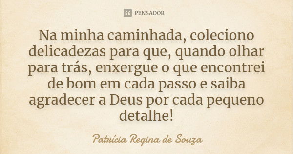 Na minha caminhada, coleciono delicadezas para que, quando olhar para trás, enxergue o que encontrei de bom em cada passo e saiba agradecer a Deus por cada pequ... Frase de Patrícia Regina de Souza.