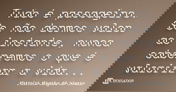 Tudo é passageiro. Se não dermos valor ao instante, nunca saberemos o que é valorizar a vida...... Frase de Patrícia Regina de Souza.