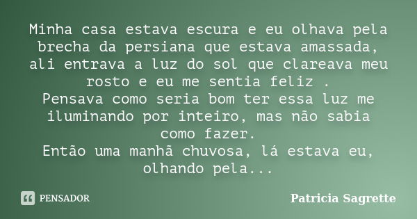 Minha casa estava escura e eu olhava pela brecha da persiana que estava amassada, ali entrava a luz do sol que clareava meu rosto e eu me sentia feliz . Pensava... Frase de Patricia Sagrette.