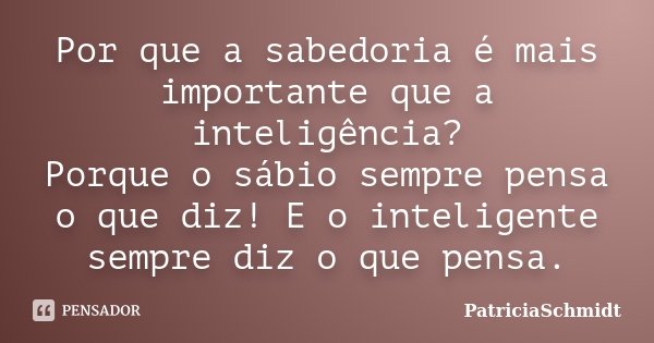 Por que a sabedoria é mais importante que a inteligência? Porque o sábio sempre pensa o que diz! E o inteligente sempre diz o que pensa.... Frase de PatriciaSchmidt.