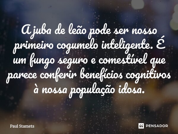 ⁠A juba de leão pode ser nosso primeiro cogumelo inteligente. É um fungo seguro e comestível que parece conferir benefícios cognitivos à nossa população idosa.... Frase de Paul Stamets.