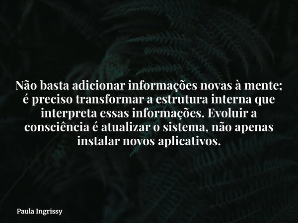 Não basta adicionar informações novas à mente; é preciso transformar a estrutura interna que interpreta essas informações. Evoluir a consciência é atualizar o s... Frase de Paula Ingrissy.