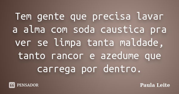 Tem gente que precisa lavar a alma com soda caustica pra ver se limpa tanta maldade, tanto rancor e azedume que carrega por dentro.... Frase de Paula Leite.