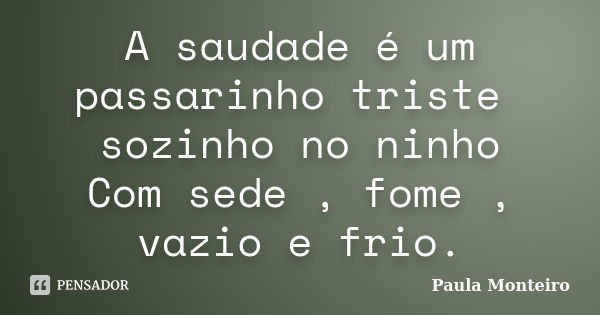 A saudade é um passarinho triste sozinho no ninho Com sede , fome , vazio e frio.... Frase de Paula Monteiro.