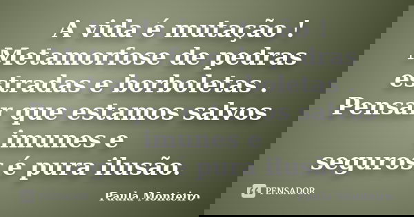A vida é mutação ! Metamorfose de pedras estradas e borboletas . Pensar que estamos salvos imunes e seguros é pura ilusão.... Frase de Paula Monteiro.