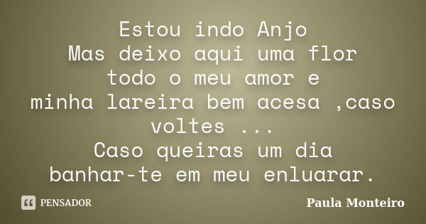 Estou indo Anjo Mas deixo aqui uma flor todo o meu amor e minha lareira bem acesa ,caso voltes ... Caso queiras um dia banhar-te em meu enluarar.... Frase de Paula Monteiro.