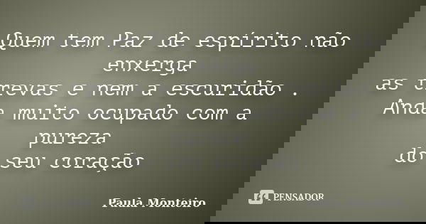 Quem tem Paz de espírito não enxerga as trevas e nem a escuridão . Anda muito ocupado com a pureza do seu coração... Frase de Paula Monteiro.