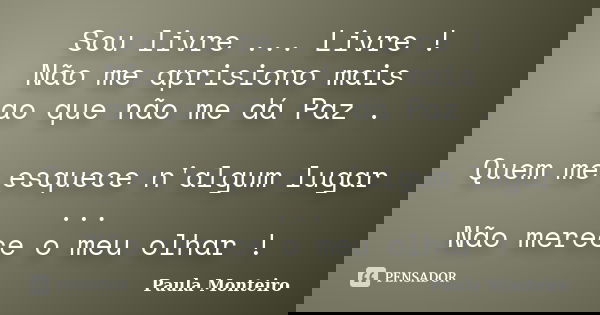 Sou livre ... Livre ! Não me aprisiono mais ao que não me dá Paz . Quem me esquece n'algum lugar ... Não merece o meu olhar !... Frase de Paula Monteiro.