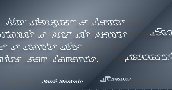 Vou devagar e lento Escutando a voz do vento e o canto dos passarinhos sem lamento.... Frase de Paula Monteiro.