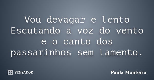 Vou devagar e lento Escutando a voz do vento e o canto dos passarinhos sem lamento.... Frase de Paula Monteiro.