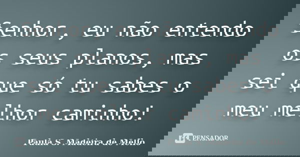 Senhor, eu não entendo os seus planos, mas sei que só tu sabes o meu melhor caminho!... Frase de Paula S. Madeira de Mello.