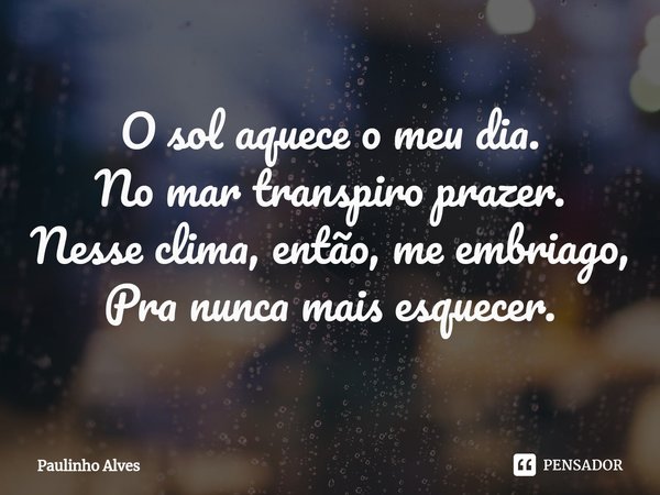 O sol aquece o meu dia.
No mar transpiro prazer.
Nesse clima, então, me embriago,
Pra nunca mais esquecer.... Frase de Paulinho Alves.