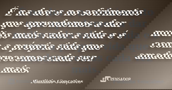 É na dor e no sofrimento que aprendemos a dar muito mais valor a vida e é com a própria vida que amadurecemos cada vez mais.... Frase de Paulinho Gonçalves.