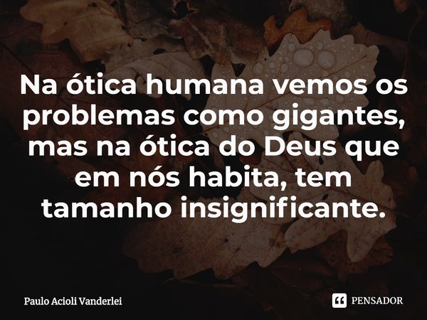 ⁠Na ótica humana vemos os problemas como gigantes, mas na ótica do Deus que em nós habita, tem tamanho insignificante.... Frase de Paulo Acioli Vanderlei.