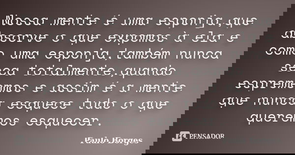 Nossa mente é uma esponja,que absorve o que expomos à ela e como uma esponja,também nunca seca totalmente,quando esprememos e assim é a mente que nunca esquece ... Frase de Paulo Borges.