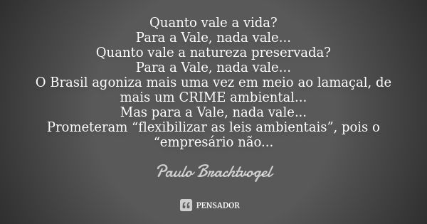 Quanto vale a vida? Para a Vale, nada vale... Quanto vale a natureza preservada? Para a Vale, nada vale... O Brasil agoniza mais uma vez em meio ao lamaçal, de ... Frase de Paulo Brachtvogel.