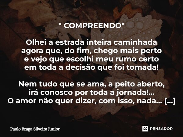 " COMPREENDO " Olhei a estrada inteira caminhada agora que, do fim, chego mais perto e vejo que escolhi meu rumo certo em toda a decisão que foi toma... Frase de Paulo Braga Silveira Junior.