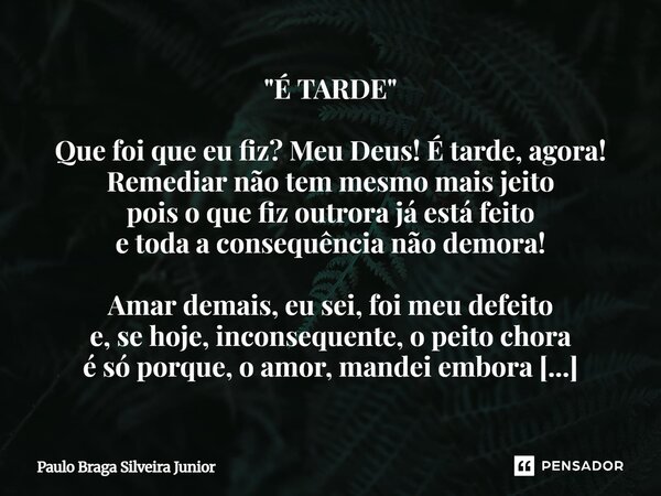 "É TARDE" Que foi que eu fiz? Meu Deus! É tarde, agora! Remediar não tem mesmo mais jeito pois o que fiz outrora já está feito e toda a consequência ... Frase de Paulo Braga Silveira Junior.