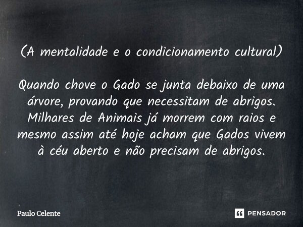 ⁠⁠(A mentalidade e o condicionamento cultural) Quando chove o Gado se junta debaixo de uma árvore, provando que necessitam de abrigos. Milhares de Animais já mo... Frase de Paulo Celente.