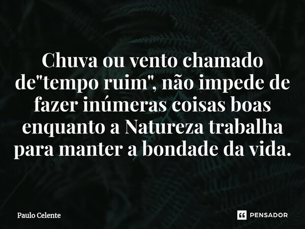 ⁠Chuva ou vento chamado de "tempo ruim", não impede de fazer inúmeras coisas boas enquanto a Natureza trabalha para manter a bondade da vida.... Frase de Paulo Celente.