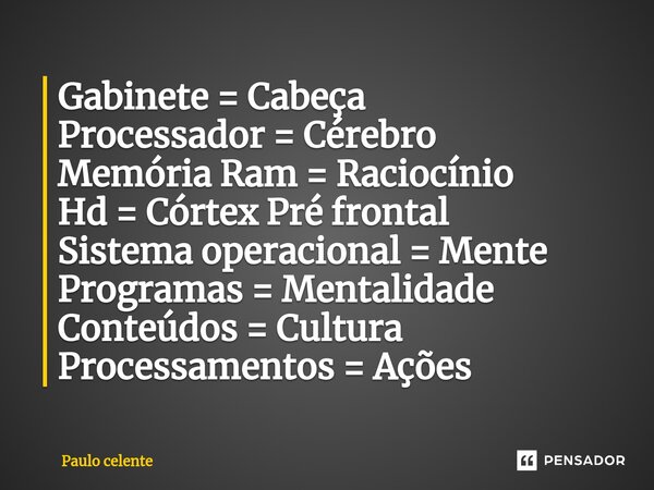 ⁠Gabinete = Cabeça Processador = Cérebro Memória Ram = Raciocínio Hd = Córtex Pré frontal Sistema operacional = Mente Programas = Mentalidade Conteúdos = Cultur... Frase de Paulo Celente.