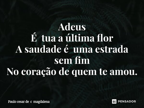 ⁠Adeus É tua a última flor A saudade é uma estrada sem fim No coração de quem te amou.... Frase de Paulo cesar de c magdalena.