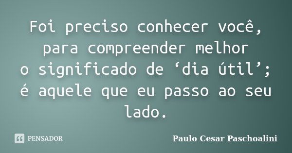 Foi preciso conhecer você, para compreender melhor o significado de ‘dia útil’; é aquele que eu passo ao seu lado.... Frase de Paulo Cesar Paschoalini.