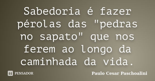 Sabedoria é fazer pérolas das "pedras no sapato" que nos ferem ao longo da caminhada da vida.... Frase de Paulo Cesar Paschoalini.