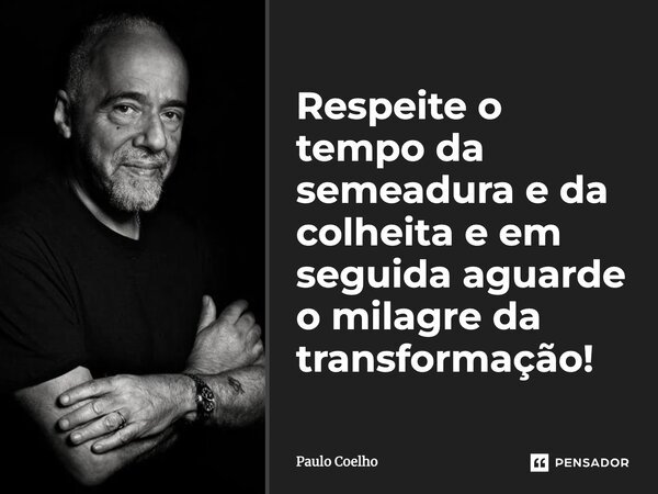 Respeite o tempo da semeadura e da colheita e em seguida aguarde o milagre da transformação!... Frase de Paulo Coelho.