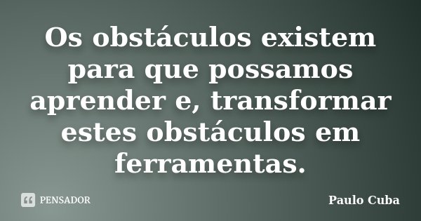 Os obstáculos existem para que possamos aprender e, transformar estes obstáculos em ferramentas.... Frase de Paulo Cuba.