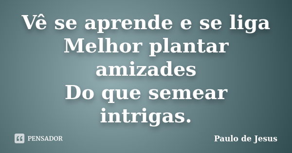 Vê se aprende e se liga Melhor plantar amizades Do que semear intrigas.... Frase de Paulo de Jesus.