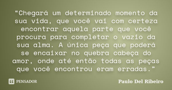 “Chegará um determinado momento da sua vida, que você vai com certeza encontrar aquela parte que você procura para completar o vazio da sua alma. A única peça q... Frase de Paulo Del Ribeiro.