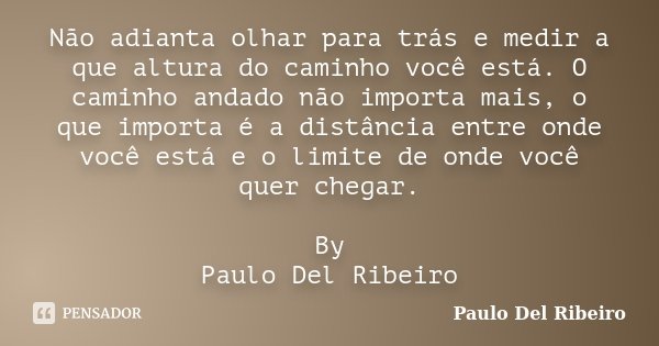 Não adianta olhar para trás e medir a que altura do caminho você está. O caminho andado não importa mais, o que importa é a distância entre onde você está e o l... Frase de Paulo Del Ribeiro.