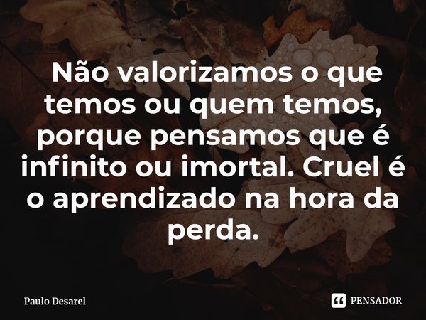 ⁠ Não valorizamos o que temos ou quem temos, porque pensamos que é infinito ou imortal. Cruel é o aprendizado na hora da perda.... Frase de Paulo Desarel.