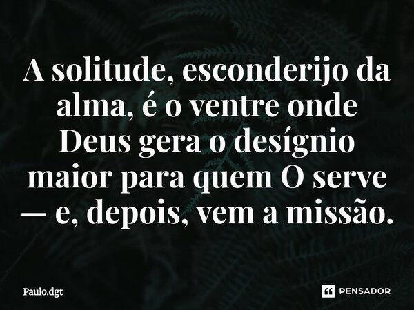 ⁠A solitude, esconderijo da alma, é o ventre onde Deus gera o desígnio maior para quem O serve — e, depois, vem a missão.... Frase de Paulo.dgt.