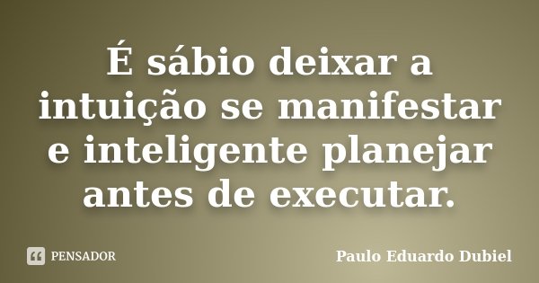 É sábio deixar a intuição se manifestar e inteligente planejar antes de executar.... Frase de Paulo Eduardo Dubiel.